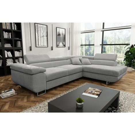 Tendencio – Canapé d'angle convertible 5 places en velours côtelé gris – Design moderne pour grands salons – Confort optimal et espace généreux