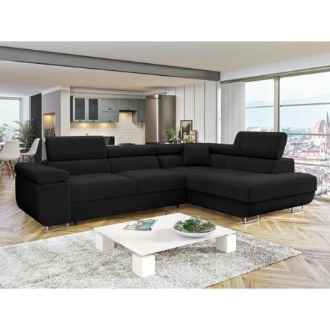 Tendencio – Canapé d'angle convertible 5 places – Longueur 274cm – Largeur 203cm – Dossier avec têtières réglables – Noir