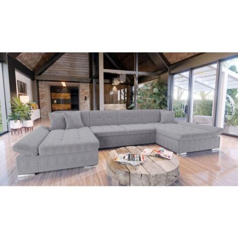 Tendencio – Canapé d'angle convertible ALON velours côtelé gris – 2 places – Coffres de rangement – Parfait pour grands salons