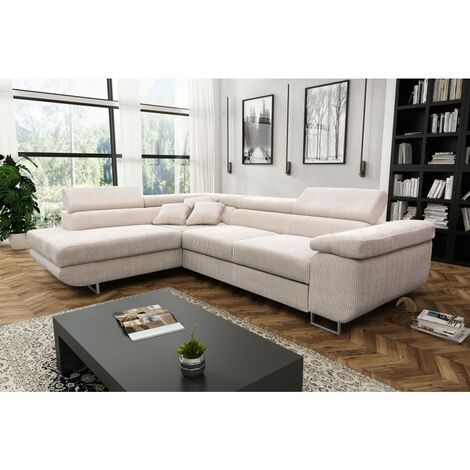 Tendencio – Canapé d'angle convertible en velours côtelé beige – Conçu pour grandes pièces – Convertible en lit – Coussins décoratifs recommandés