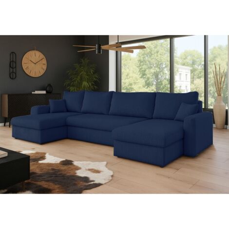 Tendencio – Canapé d'angle convertible en U velours côtelé bleu – Dimensions 304x140x80cm – Coffre de rangement – Surface de couchage 268x130cm
