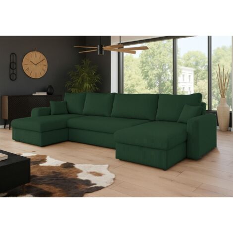 Tendencio – Canapé d'angle convertible en velours côtelé vert – Dimensions 304x140cm – Surface de couchage 268x130cm – Coffre de rangement intégré