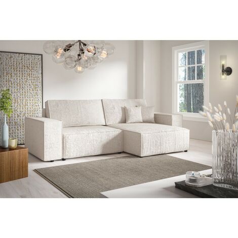 Tendencio – Canapé d'angle convertible en velours côtelé – 260 cm – Coffre de rangement – Réversible – Design rétro seventies – Beige