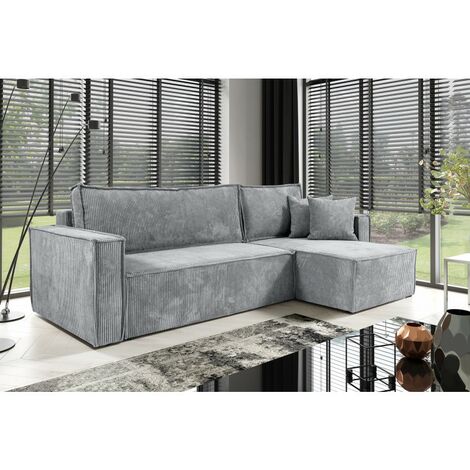 Tendencio – Canapé d'angle convertible en velours côtelé gris clair – Dimensions L240 x P150 x H72 cm – Réversible avec coffre de rangement