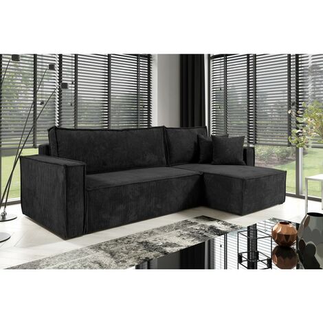 Tendencio – Canapé d'angle convertible en velours côtelé noir – Dimensions L240 x P150 x H72 cm – Coffre de rangement – Réversible