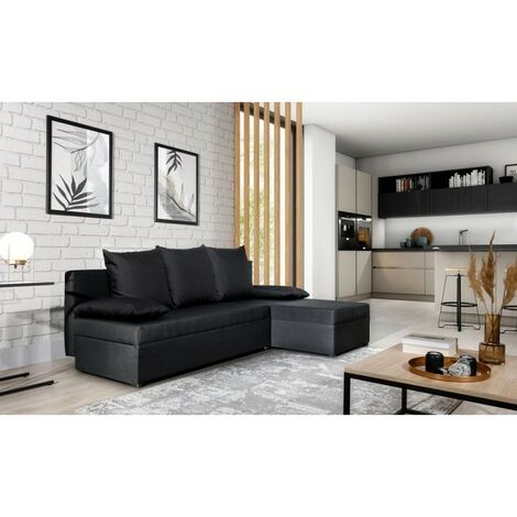 Tendencio – Canapé d'angle convertible GIANI noir – Dimensions 204x142cm – Surface de couchage 201x130cm – Coffre de rangement intégré – 3 coussins inclus