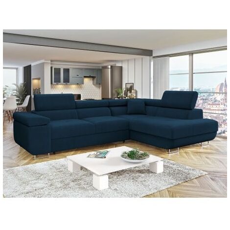 Tendencio – Canapé d'angle convertible L TORIZIO – 5 places – Dossier avec têtières réglables – Longueur 274cm – Largeur 203cm – Couleur bleu