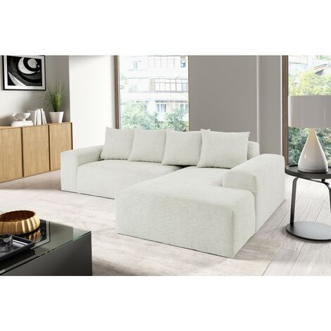 Tendencio – Canapé d'angle Modula 4 places en tissu bouclette blanc cassé – Longueur 250 cm – Confort optimal pour salons modernes
