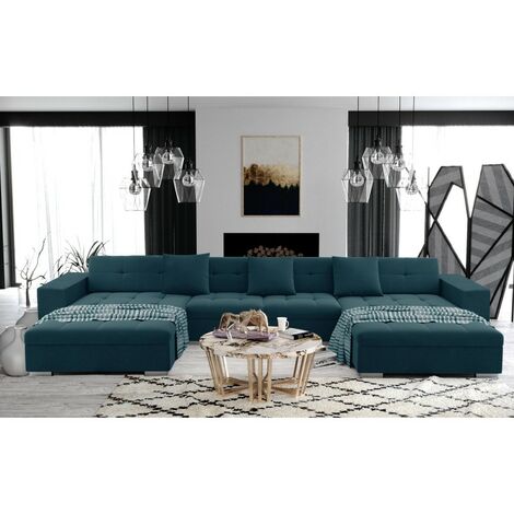 Tendencio – Canapé panoramique 5 places en tissu polyester – Assise équilibrée – 2 méridiennes – Pieds effet chromé – Pour salons spacieux