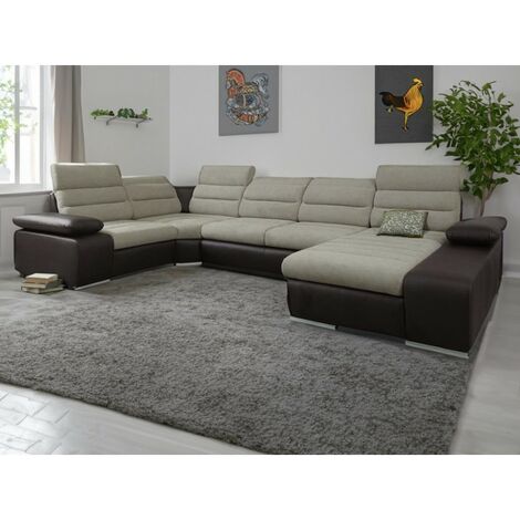 Tendencio – Canapé d'angle panoramique beige et marron – Longueur 365 cm – Angle gauche – Espace convivial et élégant pour salon