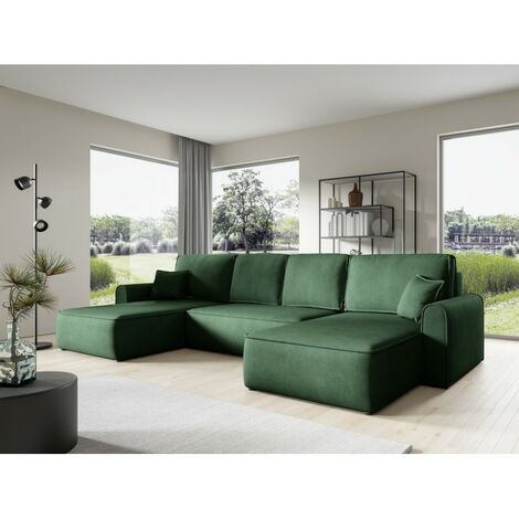 Tendencio – Canapé d'angle panoramique convertible 387 cm – Tissu velours vert – Couchage 130x344 cm – Profondeur d'assise 70 cm – Hauteur 88 cm
