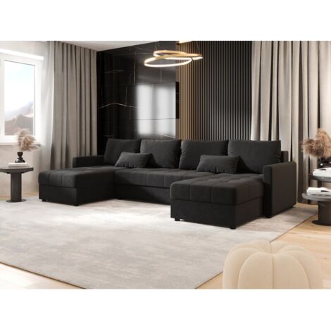 Tendencio – Canapé d’angle panoramique convertible en U – 285 cm largeur – 220 x 135 cm couchage – Rangement intégré – Tissu doux gris foncé