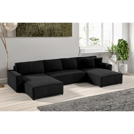 Tendencio – Canapé d'angle panoramique convertible en velours côtelé noir – Dimensions 398x185cm – Couchage 344x144cm – Coffre de rangement intégré