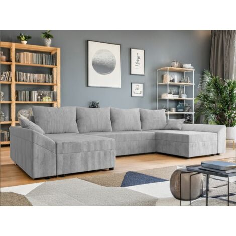 Tendencio – Canapé d'angle panoramique en U convertible – Velours côtelé gris – 5 places – Coffre de rangement intégré – Dimensions 316x138x82 cm