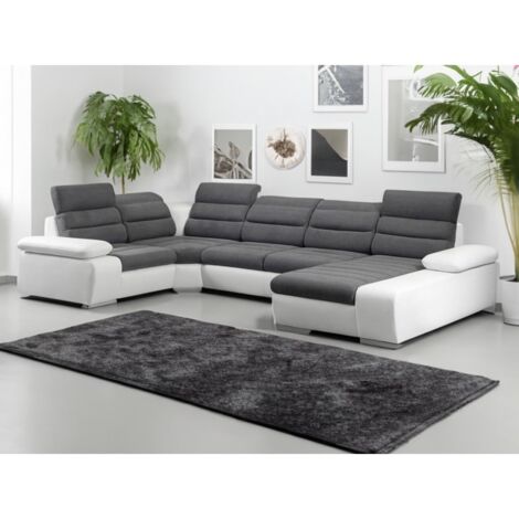 Tendencio – Canapé d'angle panoramique gris et blanc – Angle gauche – Longueur 365 cm – Profondeur 218 cm – Élégance moderne pour salon spacieux
