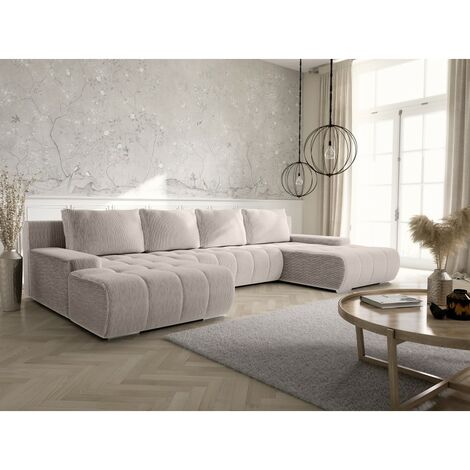 Tendencio – Canapé panoramique convertible 350 cm – Velours côtelé beige – 2 méridiennes – Coffre de rangement intégré