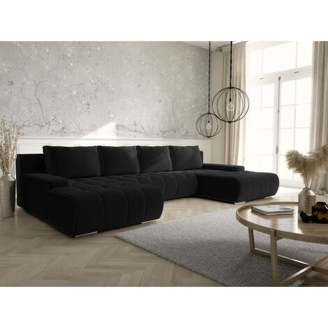 Tendencio – Canapé panoramique convertible 350 cm – Velours côtelé noir – 2 méridiennes – Coffre de rangement intégré – Confort optimal