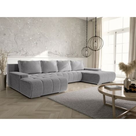 Tendencio – Canapé panoramique convertible 350 cm – Velours côtelé gris clair – 2 méridiennes et coffre de rangement – Pour salons modernes