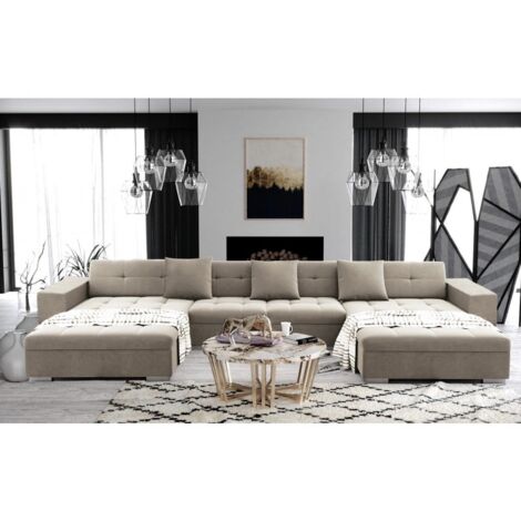 Tendencio – Canapé panoramique convertible 5 places en tissu 100% polyester – Assise ferme et confortable – Pieds effet chromé – Grande taille pour salons spacieux
