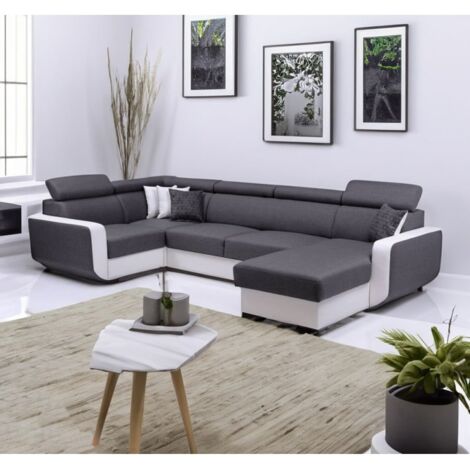 Tendencio – Canapé panoramique convertible Empero U 5 places – Gris et blanc – Coffre de rangement – Réversible – Dimensions L337xH82/97xP184 cm