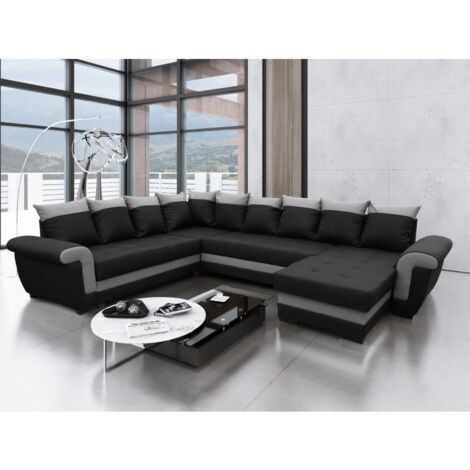 Tendencio – Canapé panoramique convertible réversible LATTIA – Dimensions L317 x H88 x P248 cm – Noir et gris foncé – Design moderne et élégant