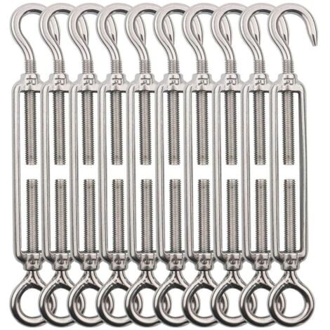 COAVAS Tendeur Cable Crochet M5 (Crochet et Oeil), Tendeur Fil Acier/Tendeur Cable INOX en Acier Inoxydable 304 pour Fil a Linge, Cable Acier, Corde Acier -10 Pièces