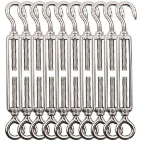 Tendeur Cable Crochet M5 (Crochet et Oeil), Tendeur Fil Acier/Tendeur Cable INOX en Acier Inoxydable 304 pour Fil a Linge, Cable Acier, Corde Acier -10 Pièces