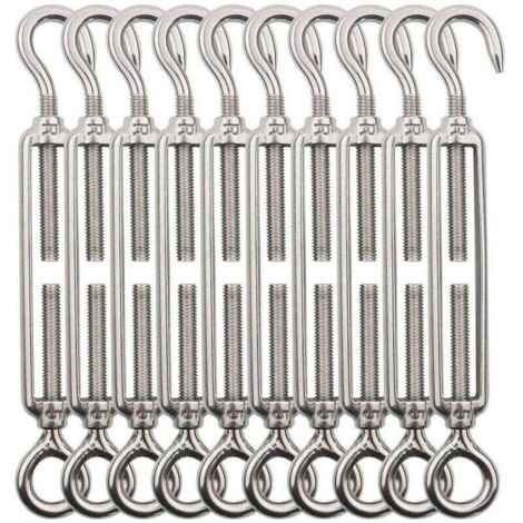 Tendeur Cable Crochet M5 (Crochet et Oeil), Tendeur Fil Acier/Tendeur Cable INOX en Acier Inoxydable 304 pour Fil a Linge, Cable Acier, Corde Acier -10 Pièces