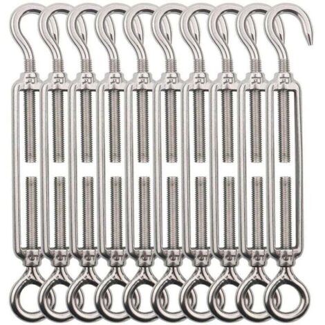 Tendeur Cable Crochet M5 (Crochet et Oeil), Tendeur Fil Acier/Tendeur Cable INOX en Acier Inoxydable 304 pour Fil a Linge, Cable Acier, Corde Acier -10 Pièces