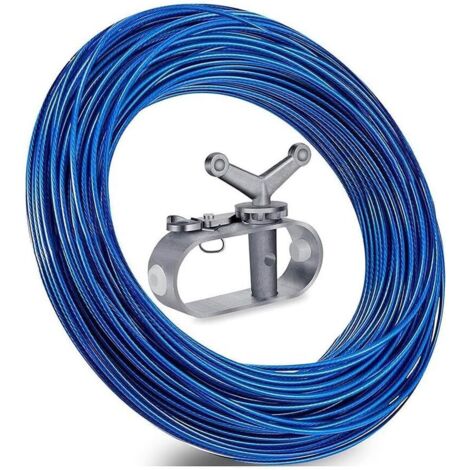 Tendeur de Câble Métallique, Treuil Bache Piscine, Cordon Bâche Piscine avec 2 Tendeur de Fil Acier, Ø 2,2 mm Longueur 30.5 m, Tendeurs de Câble en Acier pour Accessoires Bâche de Piscine (Blue)