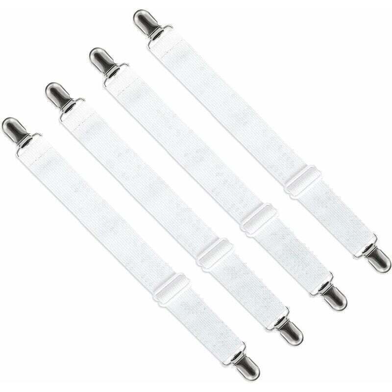 Tendeur de Drap Housse Réglable (65cm à 200cm) - Fixation Attache Sangle Ajustable pour Drap de Lit, Canapé, Housse de Repassage (Lot de 4, Blanc)