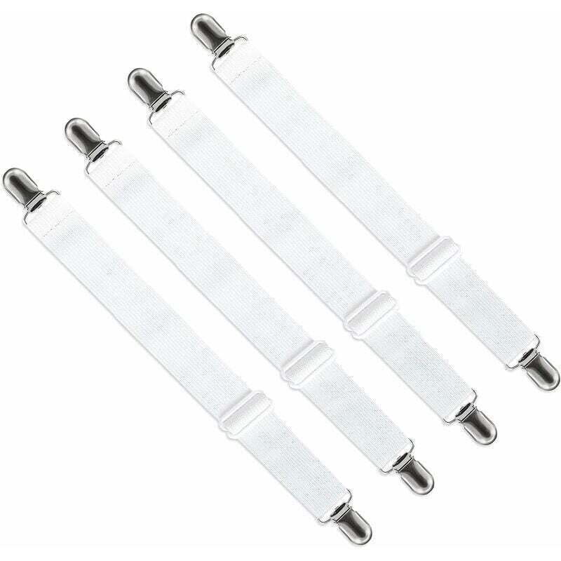 Tendeur de Drap Housse Réglable (65cm à 200cm) - Fixation Attache Sangle Ajustable pour Drap de Lit, Canapé, Housse de Repassage (Lot de 4, Blanc)