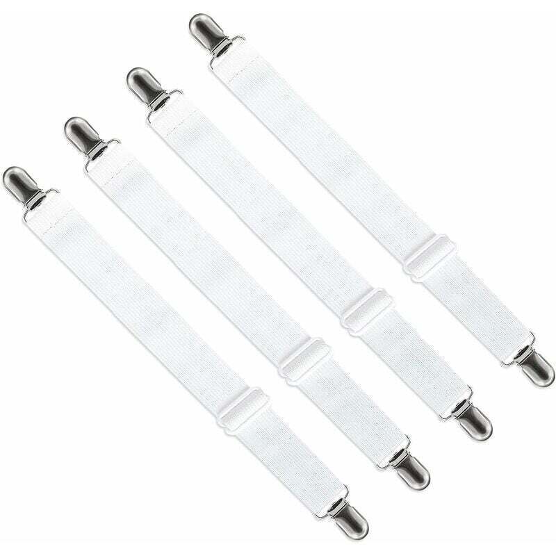 Tendeur de Drap Housse Réglable (65cm à 200cm) - Fixation Attache Sangle Ajustable pour Drap de Lit, Canapé, Housse de Repassage (Lot de 4, Blanc)