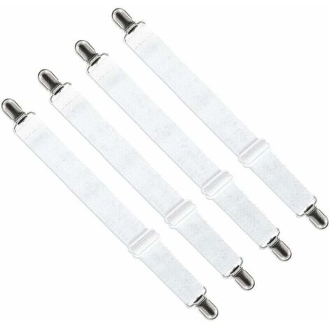 Tendeur de Drap Housse Réglable (65cm à 200cm) - Fixation Attache Sangle Ajustable pour Drap de Lit, Canapé, Housse de Repassage (Lot de 4, Blanc)