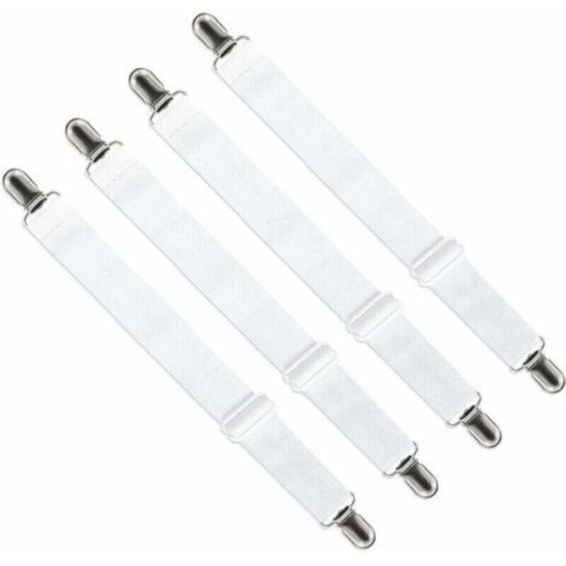 Tendeur de Drap Housse Réglable (65cm à 200cm) - Fixation Attache Sangle Ajustable pour Drap de Lit, Canapé, Housse de Repassage (Lot de 4, Blanc)