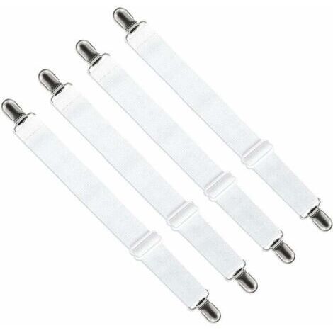 Tendeur de Drap Housse Réglable (65cm à 200cm) - Fixation Attache Sangle Ajustable pour Drap de Lit, Canapé, Housse de Repassage (Lot de 4, Blanc)- DPZO
