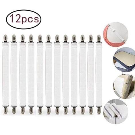ABCRITAL Tendeur De Draps Réglable, Tendeur De Draps Élastique 12 Pièces, Tendeur De Draps Blanc, Tendeur De Draps Avec Clips Métalliques, Pour Drap De Lit, Matelas, Planche À Repasser Ou Canapé