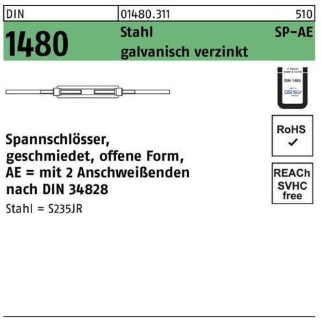Tendeur DIN 1480 ouvert 2 embouts à souder SP-AE M6 acier ÜZ galv.verz. 1p.