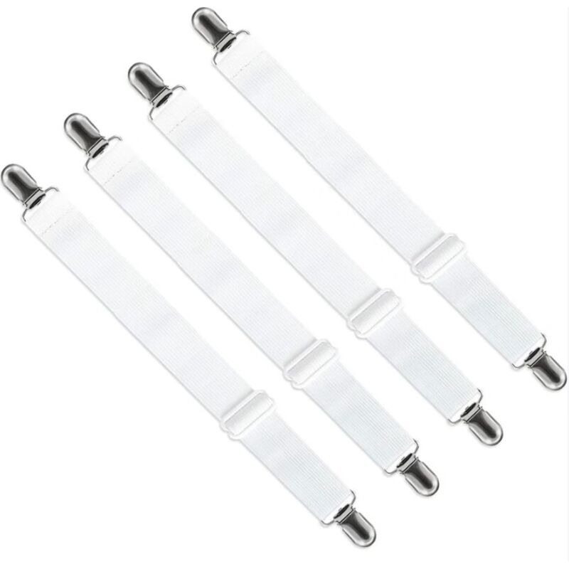 Tendeur Drap Housse Réglable (65cm à 200cm), Fixation Attache Sangle de Maintien Ajustable pour Drap Lit, Canapé, Housse de Repassage (Blanc, Lot de