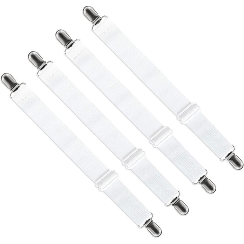 Tendeur Drap Housse Réglable (65cm à 200cm), Fixation Attache Sangle de Maintien Ajustable pour Drap Lit, Canapé, Housse de Repassage (Blanc, Lot de