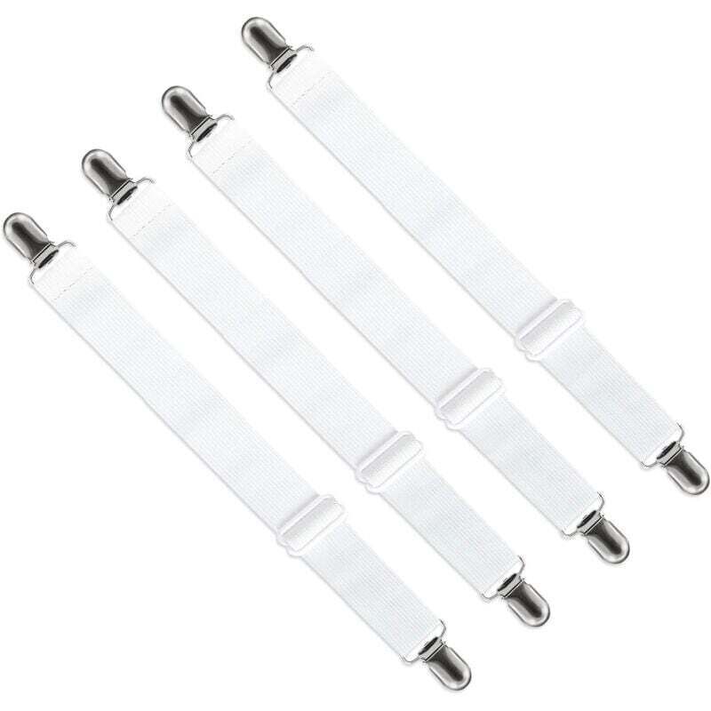Tendeur Drap Housse Réglable (65cm à 200cm), Fixation Attache Sangle de Maintien Ajustable pour Drap Lit, Canapé, Housse de Repassage (Blanc, Lot de