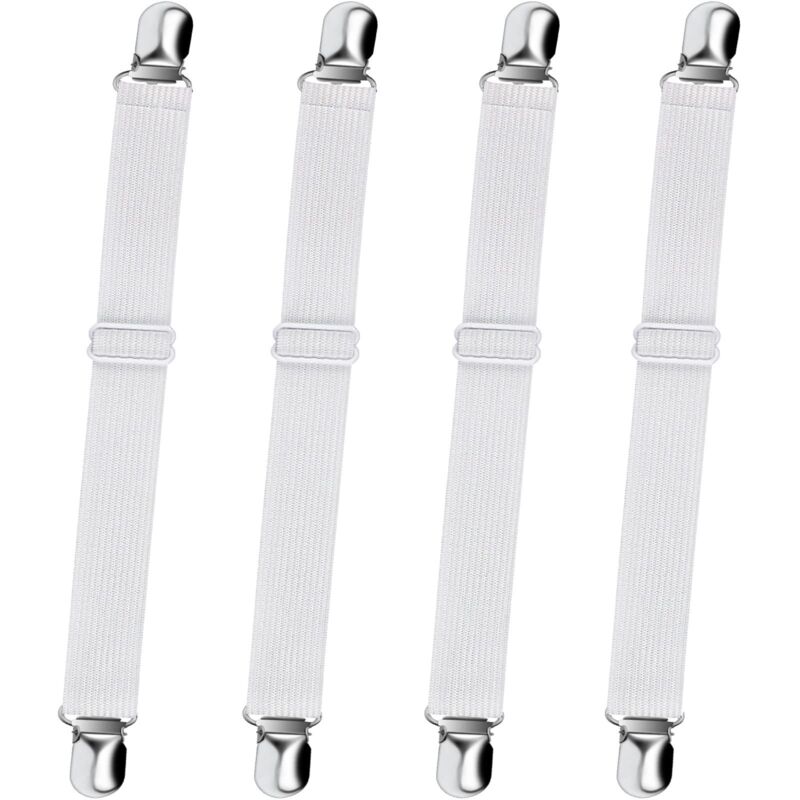 Tendeur Drap Housse Réglable (65cm à 200cm), Fixation Attache Sangle de Maintien Ajustable pour Drap Lit, Canapé, Housse de Repassage (Blanc, Lot de