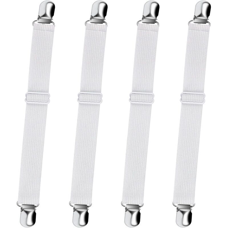 Tendeur Drap Housse Réglable (65cm à 200cm), Fixation Attache Sangle de Maintien Ajustable pour Drap Lit, Canapé, Housse de Repassage (Blanc, Lot de