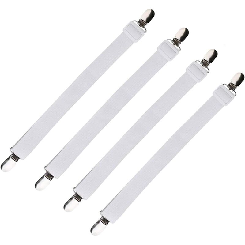 Tendeur Drap Housse Réglable (65cm à 200cm), Fixation Attache Sangle de Maintien Ajustable pour Drap Lit, Canapé, Housse de Repassage (Blanc, Lot de