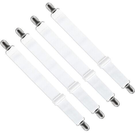 Tendeur Drap Housse Réglable (65cm à 200cm), Fixation Attache Sangle de Maintien Ajustable pour Drap Lit, Canapé, Housse de Repassage (Blanc, Lot de 4)