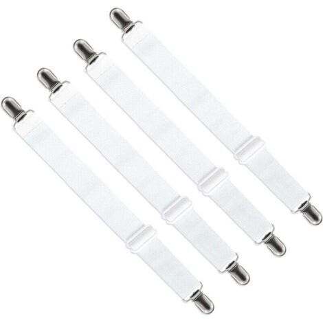 Tendeur Drap Housse Réglable (65cm à 200cm), Fixation Attache Sangle de Maintien Ajustable pour Drap Lit, Canapé, Housse de Repassage (Blanc, Lot de 4)