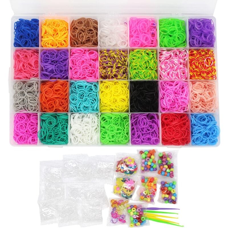 Tendeur sandow- 10 000 pièces de bandes de métier à tisser en caoutchouc, kit de fabrication de bracelets, 500 clips en s, 175 perles colorées, 24
