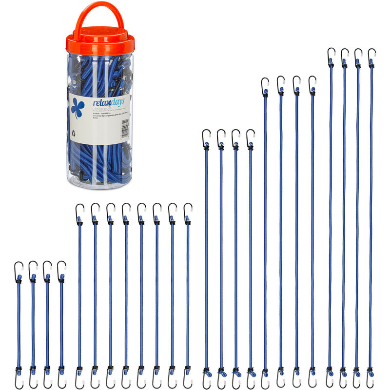 Tendeurs avec crochets, lot de 24, sangles porte-bagages sur vélos, 5 tailles, attaches universelles, bleu - Relaxdays