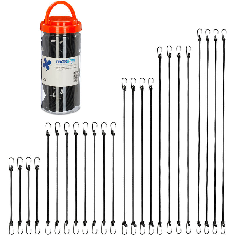 Tendeurs avec crochets, lot de 24, sangles porte-bagages sur vélos, 5 tailles, attaches universelles, noir - Relaxdays