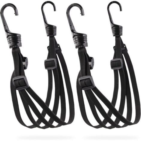 Tendeurs coulissants 4 cordes noir – Lot de 2, 60 cm, latex renforcé + nylon, crochets inox 3,2 mm – Pour vélo et fixation polyvalente